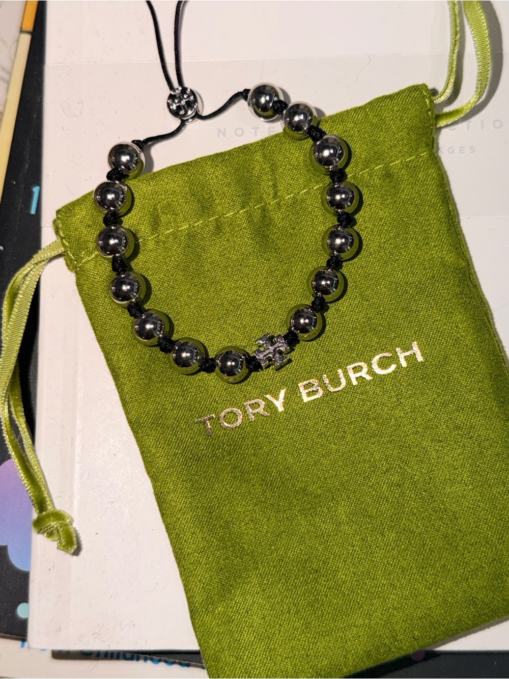 Tory Burch Silver Beaded Logo Adjustable Bracelet